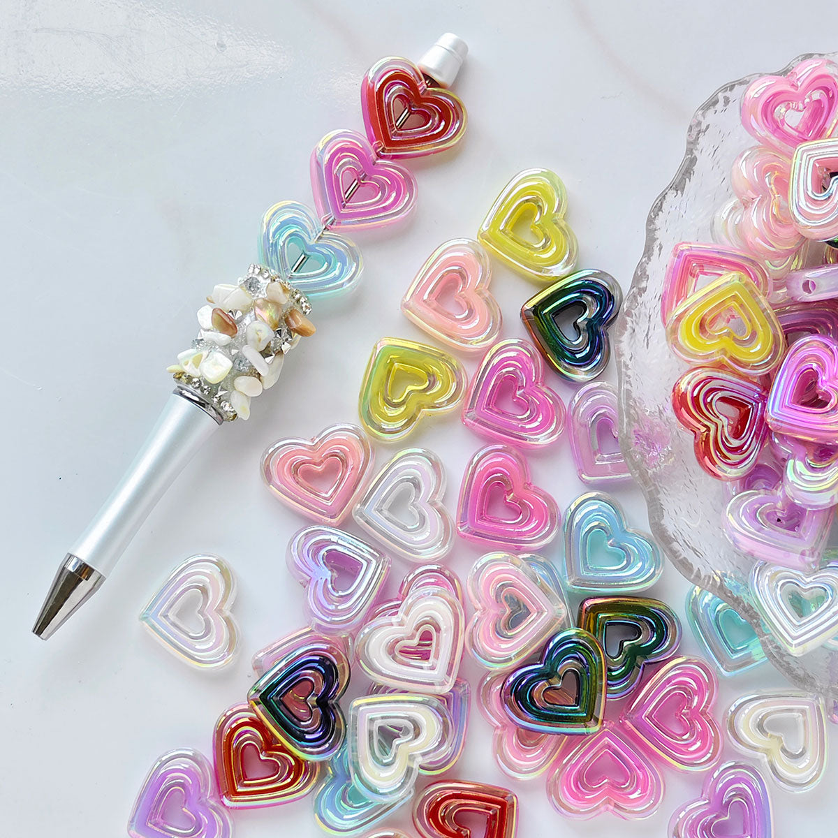 AA002 20pc / bag Acrylic Ab Color Heart-Shaped Diy Jewelry Beads, Random Colors, Great for Diy Pens ,Keychains
